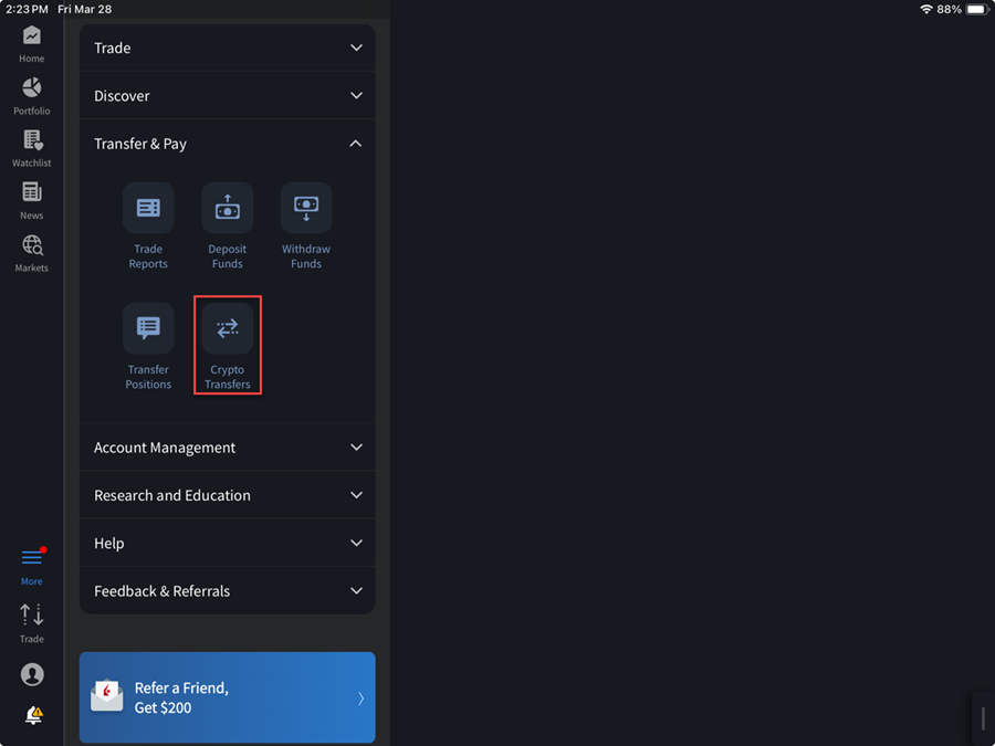 The crypto transfer button on the iPad. 